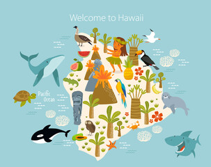 Print. Vector poster "Welcome to Hawaii". hawai map. Animals and plants of Hawaii. Flora and fauna of the island.
