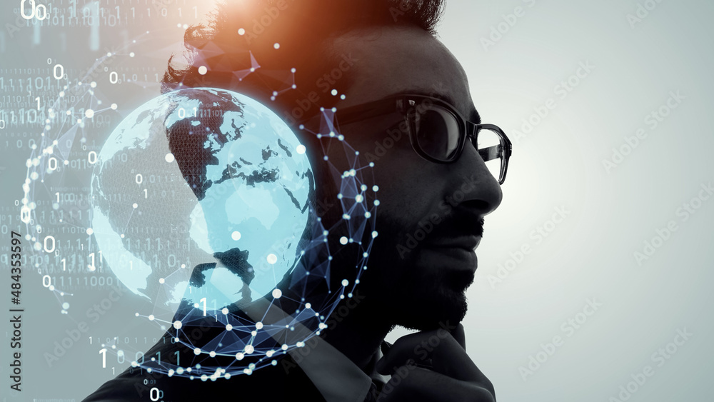 Poster AI (Artificial Intelligence) concept. Deep learning. Mindfulness. Globan communication network. Digital transformation.