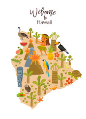 Print. Poster "Welcome to Hawaii". hawai map. Animals and plants of Hawaii. Flora and fauna of the island.
