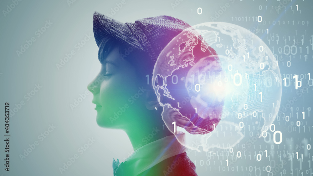 Aufkleber AI (Artificial Intelligence) concept. Deep learning. Mindfulness. Globan communication network. Digital transformation.