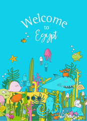 Print. Vector poster with underwater world "welcome to Egypt"
