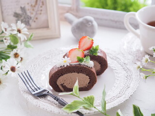 チョコロールケーキでティータイム