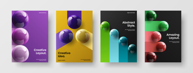 Clean 3D balls postcard layout set. Multicolored catalog cover A4 design vector concept composition.