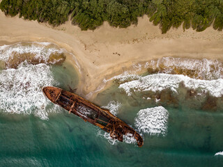 shipwreck on the beach. Aerial photo
