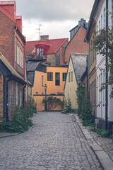 Cobblestoned street in medieval city center of university town Lund Sweden