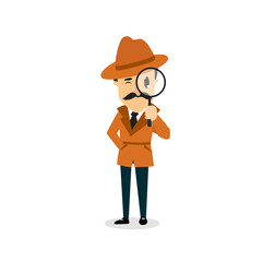Print. Cartoon detective with a magnifying glass. Investigation
