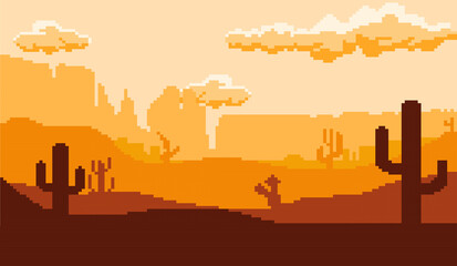 vector graphic illustration of pixel art desert atmosphere in the afternoon when the sun is going down and there is a shadow of a cactus tree