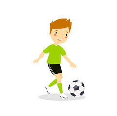 Print. Vector cartoon boy soccer player. The teenager plays football. Boy and ball. Cartoon character
