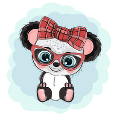 Cute cartoon baby panda with glasses and a bow.