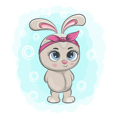 Cute cartoon baby rabbit with a pink bow.