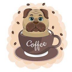 Cute funny cartoon baby dog pug is sitting in a cup of coffee.