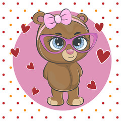 Cute cartoon teddy bear with a pink bow and glasses.
