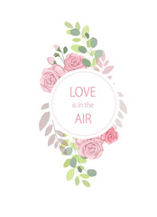 Print. Love is in the air vector card in floral frame. can be used as an invitation to brunch, wedding. Valentine's Day card.

