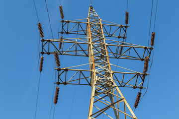 high voltage post.High-voltage tower sky background. Electricity concept, High voltage electric transmission pylon silhouetted tower.