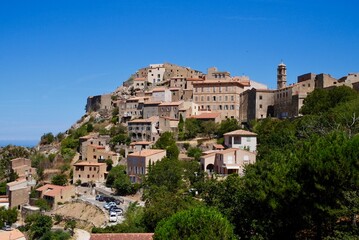 Fototapeta premium Panoramic view of Speloncato, a picturesque hillside village in Balagne. Corsica, France.