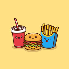 Cute Burger With Soda And French Fries Cartoon Vector Icon Illustration. Food And Drink Icon Concept Isolated Premium Vector. Flat Cartoon Style