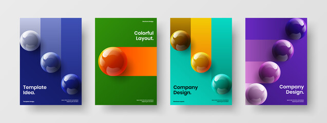 Bright realistic spheres book cover illustration bundle. Colorful brochure A4 vector design template collection.