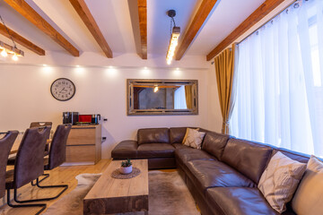 Interior of a luxury living room with wooden details