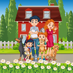 Outdoor scene with happy family and dogs