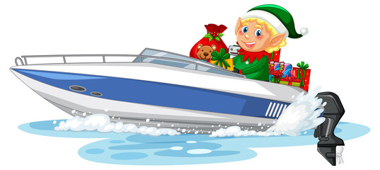Christmas elf on speed boat with his gifts