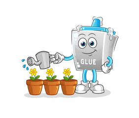 glue watering the flowers mascot. cartoon vector