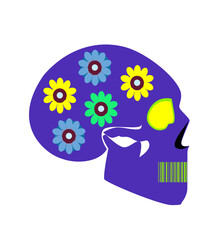 Purple skull icon with flowers on the head for fashion design, print, t-shirts, vector illustration 