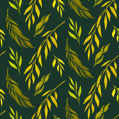 Leaves print on dark green background. Illustration for wrapping, covering, wallpaper, textile