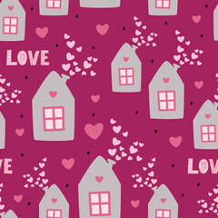 Home and heart. Cute seamless pattern of amorous houses. Valentine's Day. Children's collection for wrapping paper, fabric. Romantic design for postcard, poster or print for clothes.
