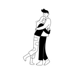 Cute boy and girl couple in pajamas, spending time together at home, hugging. Isolated vector illustration in line style