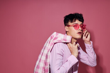 handsome guy plaid blazer pink glasses fashion modern style isolated background unaltered
