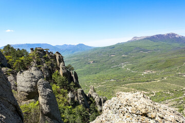 Fototapeta na wymiar View of the Chatyr-Dag plateau from the top of the Demerji mountain range in Crimea Russia