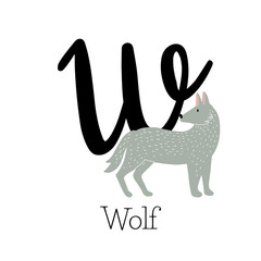 Capital letter W for Wolf with grey wolf, childish alphabet with animals name