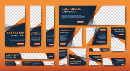 set of corporate web banners of standard size with a place for photos. Editable text. Vertical, horizontal and square template
