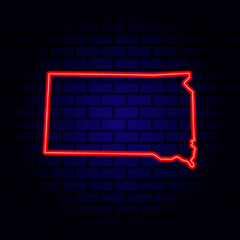 Neon map State of South Dakota on brick wall background.
