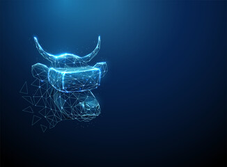 Abstract blue cow wears virtual reality glasses.