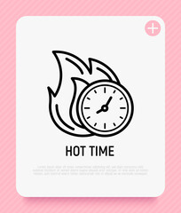 Hot time: clock in fire thin line icon. Modern vector illustration of sale, deal.