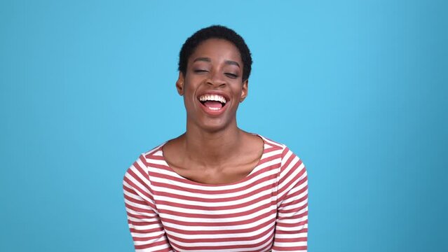 Excited lady celebrate trans community fist up isolated blue color background