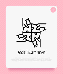 Four hands holding different pieces of puzzle. Symbol of social institutions, creative teamwork, connection and support. Thin line icon. Modern vector illustration.