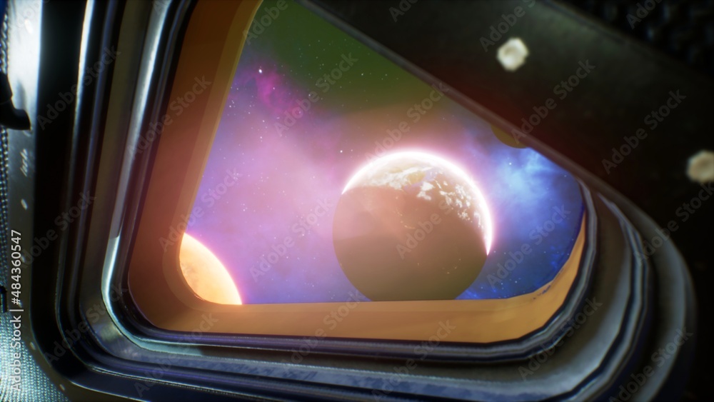 Canvas Prints watching the beautiful universe and unexplored planets from the porthole of a spaceship. the concept