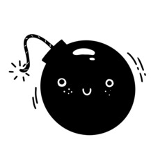 Cute cartoon black and white monochrome vector smiling dynamite character bomb with sparkling fire. Explosive ball