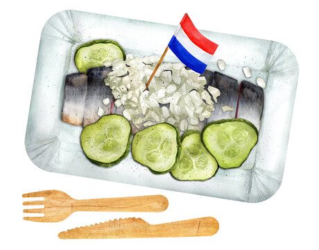 Traditional Dutch street food - saline herring with with pickled cucumbers and onions