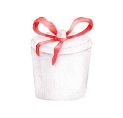 Watercolor sugar bowl with red ribbon bow isolated on white background. Hand painted white ceramic tea service element. Kitchen crockery sketch illustration.