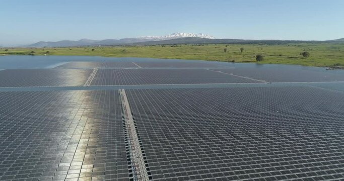 Aerial view of solar panels in Orvim Eliyon Reservoir, Golan Heights, Israel.