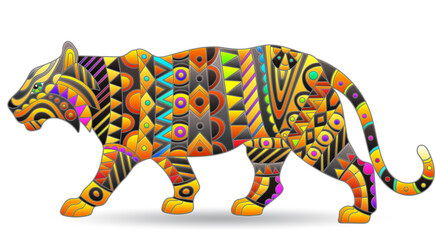 A stained glass illustration with an abstract tiger, an animal isolated on a white background