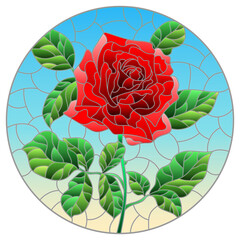Illustration in stained glass style with a bright red roses flowers on a blue background, oval image
