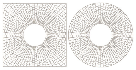 A set of contour illustrations in the style of stained glass with abstract frames, dark contours on a white background