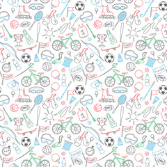 Seamless pattern on the theme of summer sports, simple icons colored markers on white background
