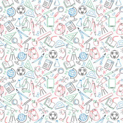 Seamless pattern on the theme of the school, a simple contour icons, color outline on a light background