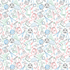 Seamless pattern on the theme of the school, a simple contour icons, color outline on a light background