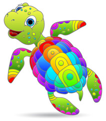Stained glass illustration with a bright turtle, an animal isolated on a white background